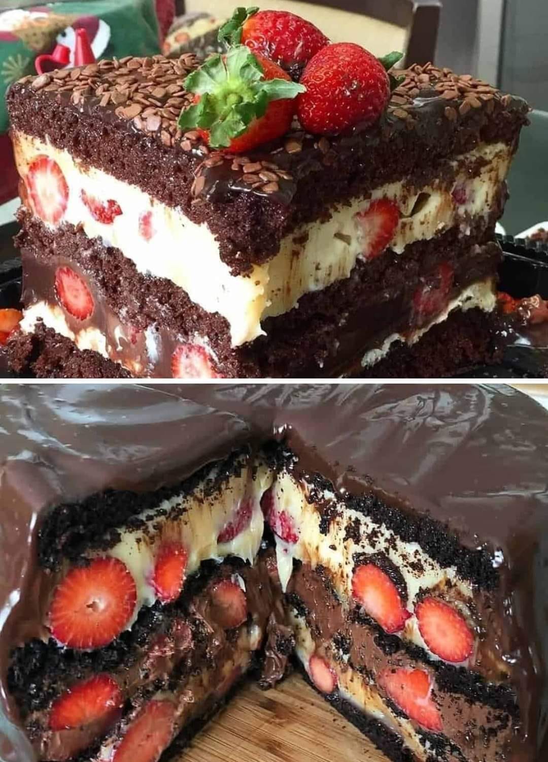 Bolo de chocolate recheado com ninho e morango