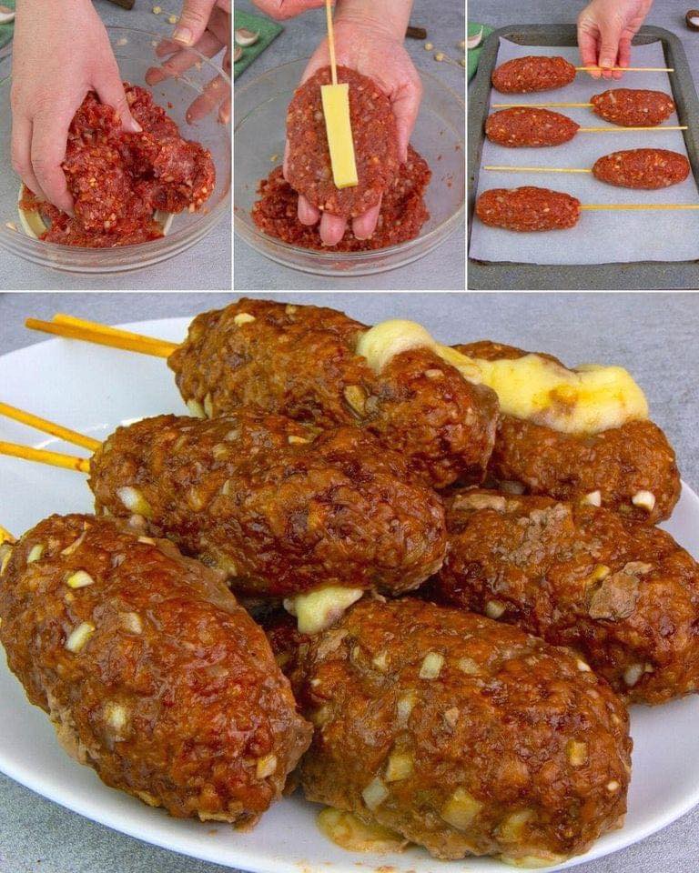 Bomba de Carne com queijo no palito